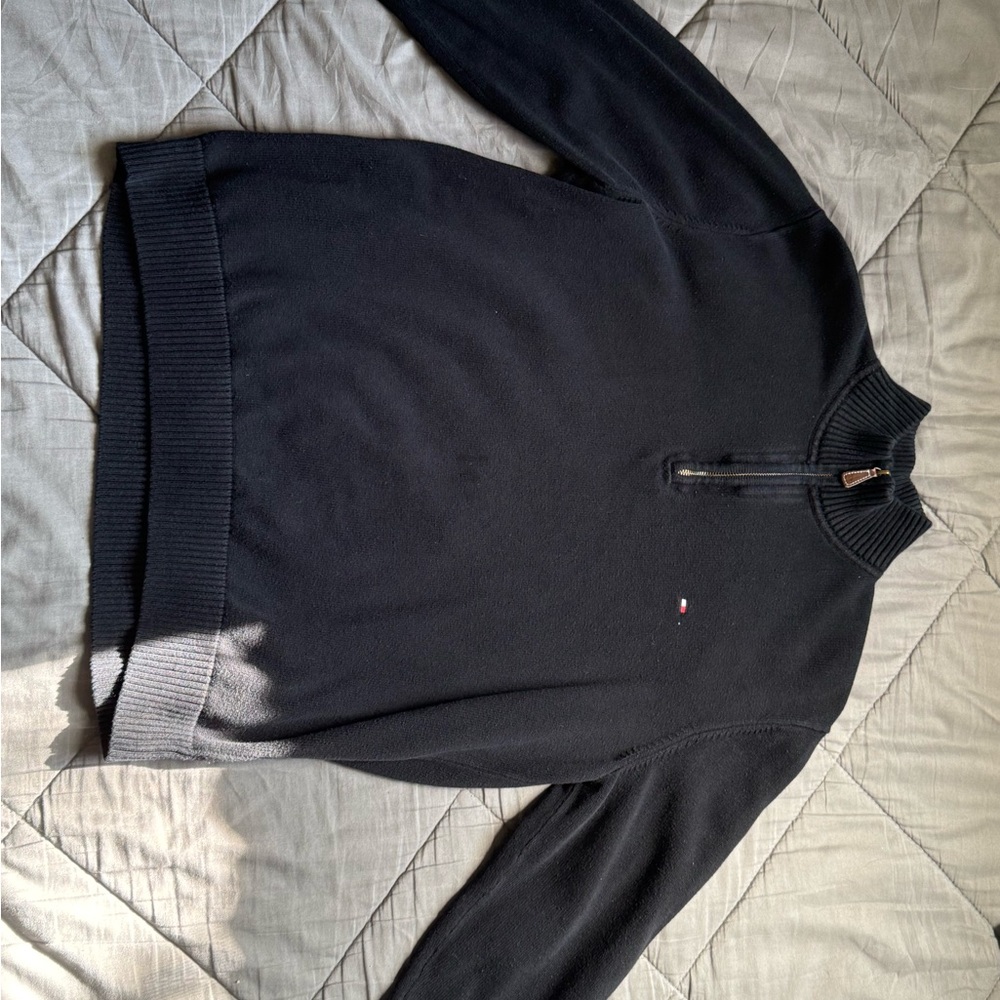 Tommy Hilfiger Zip Up Sweater Black and Blue Fine Knit